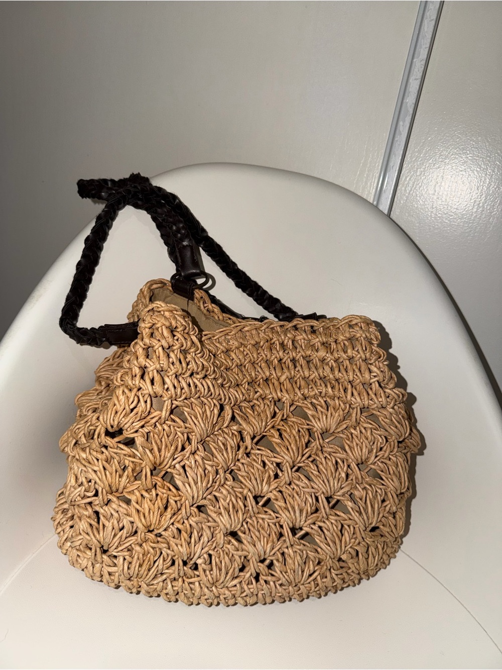 Vintage Braided Straw Shoulder Bag - Natural